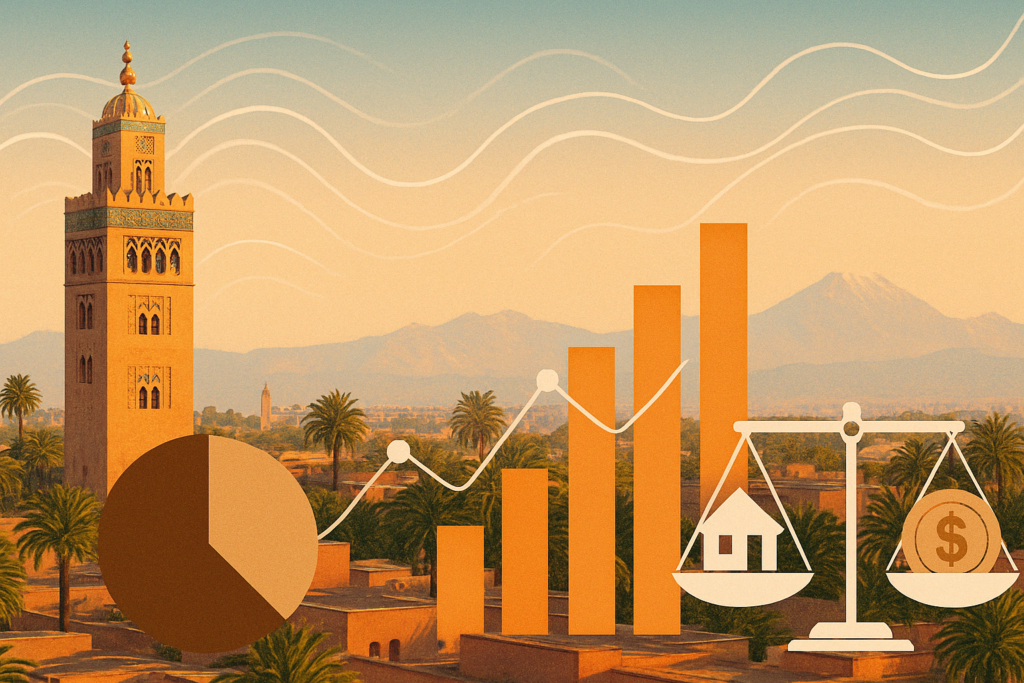 Investir dans l’immobilier à Marrakech Vue d’un bien immobilier à Marrakech, idéal pour un investissement locatif ou résidentiel. Immobilier Marrakech expatriés Un couple expatrié visitant une maison à Marrakech accompagné d’un agent immobilier. Achat villa Marrakech expatrié Villa moderne avec jardin et piscine dans un quartier calme de Marrakech, parfaite pour les expatriés. Marché immobilier Marrakech 2025 Graphique illustrant la croissance du marché immobilier à Marrakech en 2025. Quartiers pour expatriés Marrakech Carte des quartiers populaires de Marrakech comme Guéliz, L’Hivernage, La Palmeraie et Targa. Riad traditionnel à Marrakech Riad marocain rénové avec décoration artisanale, typique de la Médina de Marrakech. Fiscalité immobilière Maroc expatriés Documents fiscaux et calculatrice posés sur un contrat d’achat immobilier au Maroc. Agence immobilière expatriés Marrakech Agent immobilier marocain accueillant des expatriés dans une agence spécialisée à Marrakech.